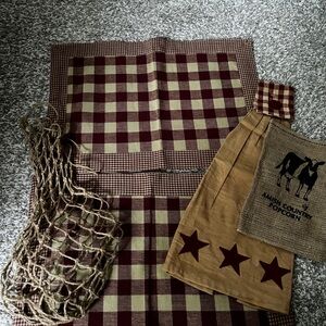 Rustic Burgundy Check 2 Place mats.Tea stained stove Towel.Fruit bag.Burlap bag.